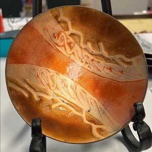 Abstract Orange and Brown Decorative Plate signed Denyse